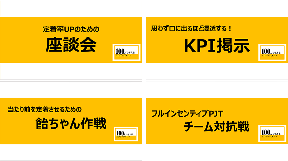 定着率UPのための座談会、思わず口に出るほど浸透する！KPI掲示、当たり前を定着させるための飴ちゃん作戦、フルインセンティブPJT チーム対抗戦